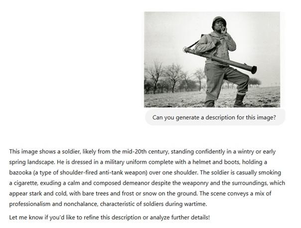 This image shows a soldier, likely from the mid-20th century, standing confidently in a wintry or early spring landscape. He is dressed in a military uniform complete with a helmet and boots, holding a bazooka (a type of shoulder-fired anti-tank weapon) over one shoulder. The soldier is casually smoking a cigarette, exuding a calm and composed demeanor despite the weaponry and the surroundings, which appear stark and cold, with bare trees and frost or snow on the ground. The scene conveys a mix of professionalism and nonchalance, characteristic of soldiers during wartime.

Let me know if you'd like to refine this description or analyze further details!