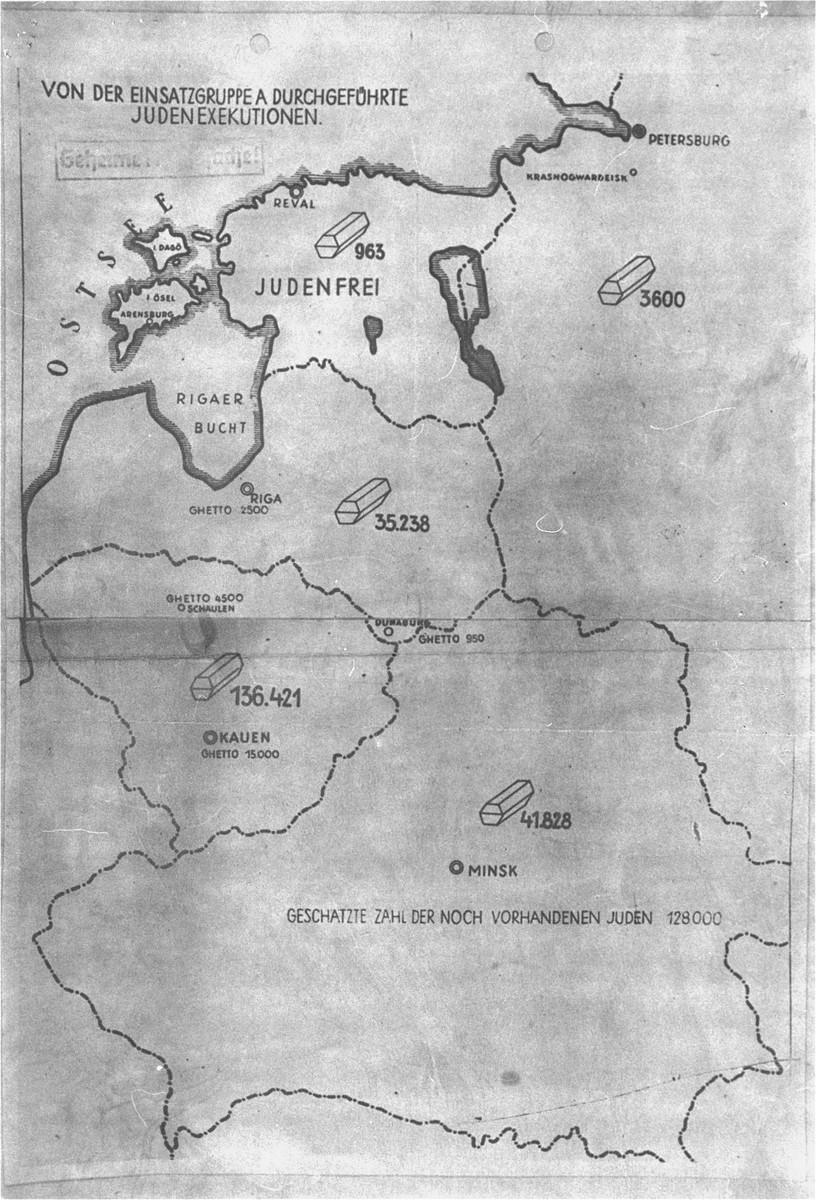 The map is entitled "Jewish Executions Carried Out by Einsatzgruppe A" and stamped "Secret Reich Matter" shows the number of Jews executed (symbolised by coffins) in the Baltic states and Belorussia by late 1941. The legend near the bottom states that "the estimated number of Jews still on hand [was] 128,000." Courtesy of United States Holocaust Memorial Museum (Source-ID: 238-Document 2273-PS)