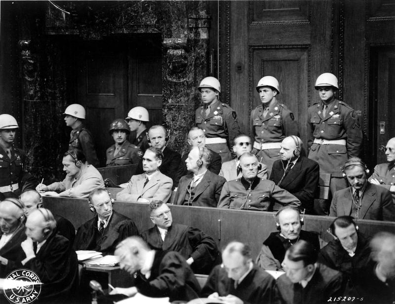 Top Nazi leaders on trial in the Palace of Justice courtroom at Nuremberg, Germany. Courtesy of National Archives and Records Administration (NAID: 350375646).