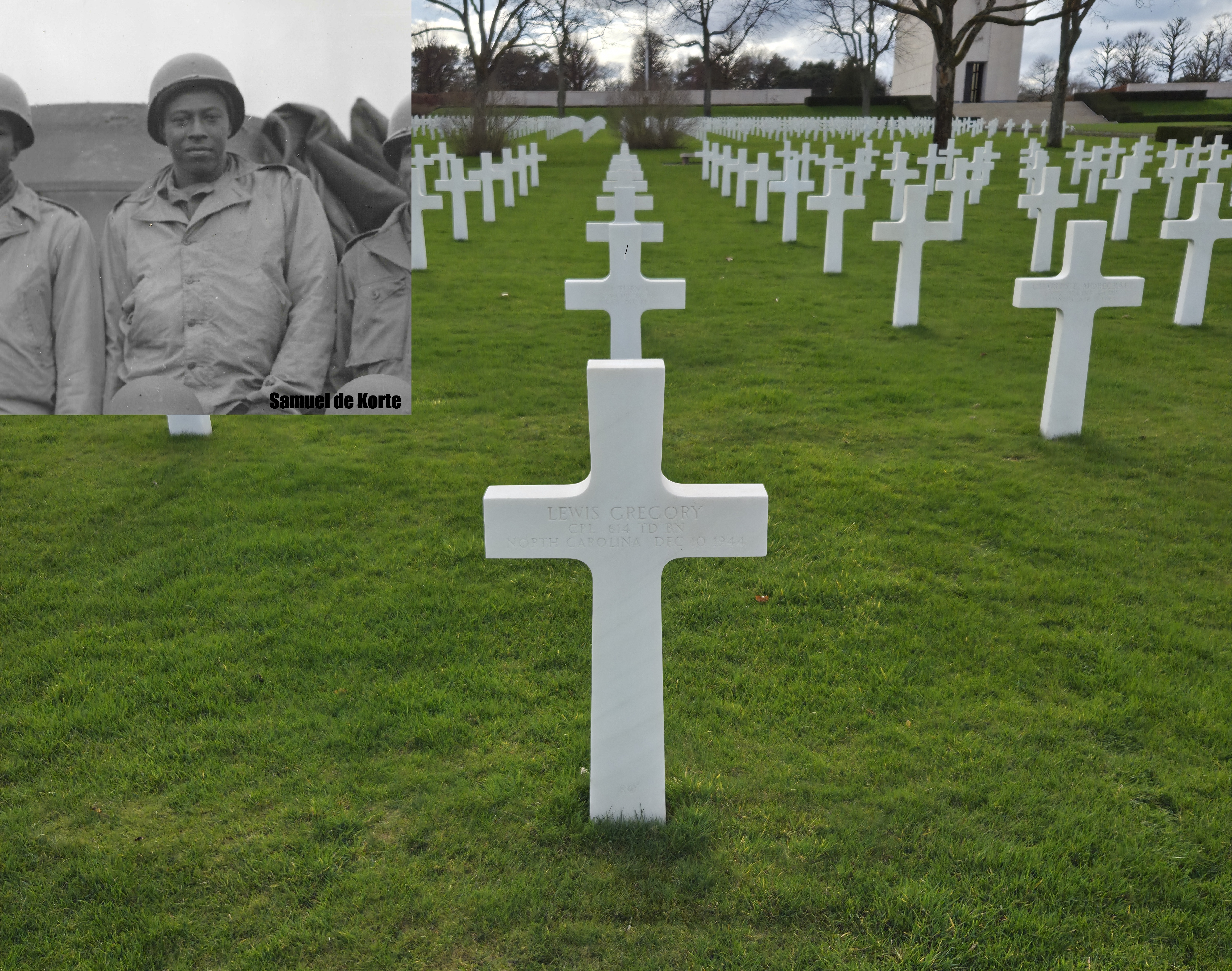 The grave of Lewis Gregory of the 614th Tank Destroyer Battalion. He died on 10 December 1944 when he refused to abandon his machine gun in a halftrack during a strafing attack by a German ME-109 fighter plane.