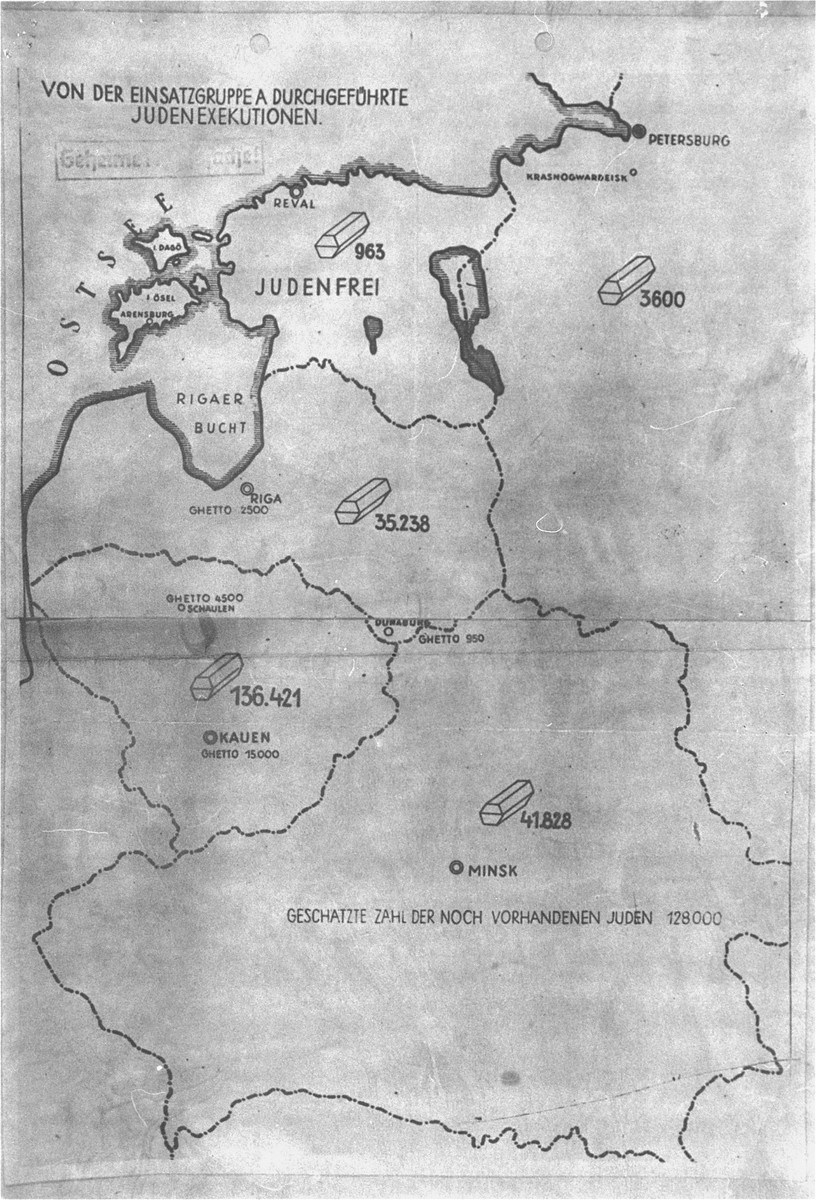 The map is entitled "Jewish Executions Carried Out by Einsatzgruppe A" and stamped "Secret Reich Matter" shows the number of Jews executed (symbolised by coffins) in the Baltic states and Belorussia by late 1941. The legend near the bottom states that "the estimated number of Jews still on hand [was] 128,000." Courtesy of United States Holocaust Memorial Museum (Source-ID: 238-Document 2273-PS)