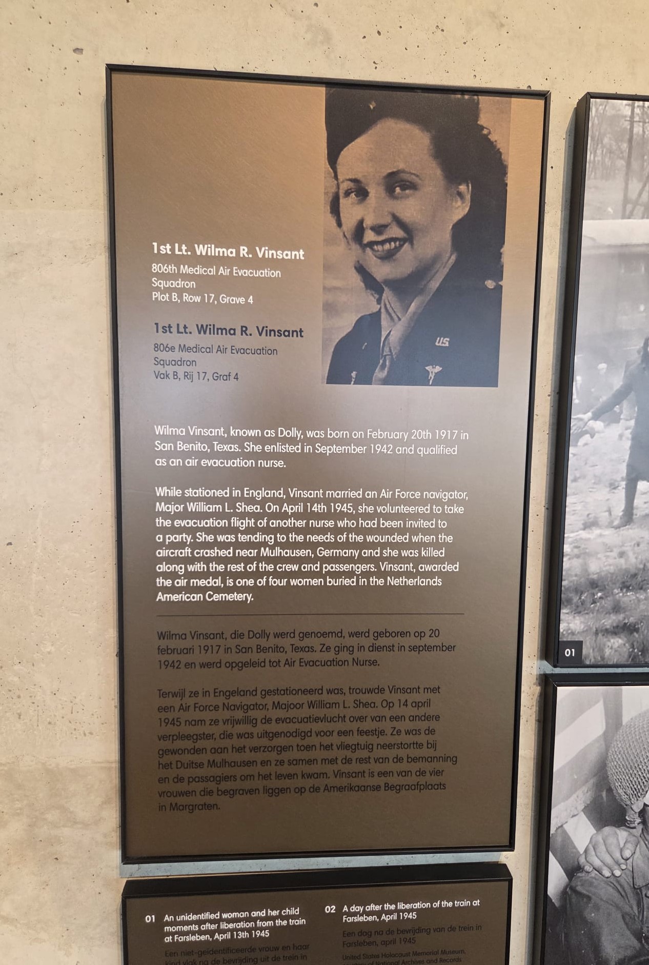 Wilma R. Vinsant is mentioned on the panel. She is buried at Margraten Cemetery in the Netherlands.