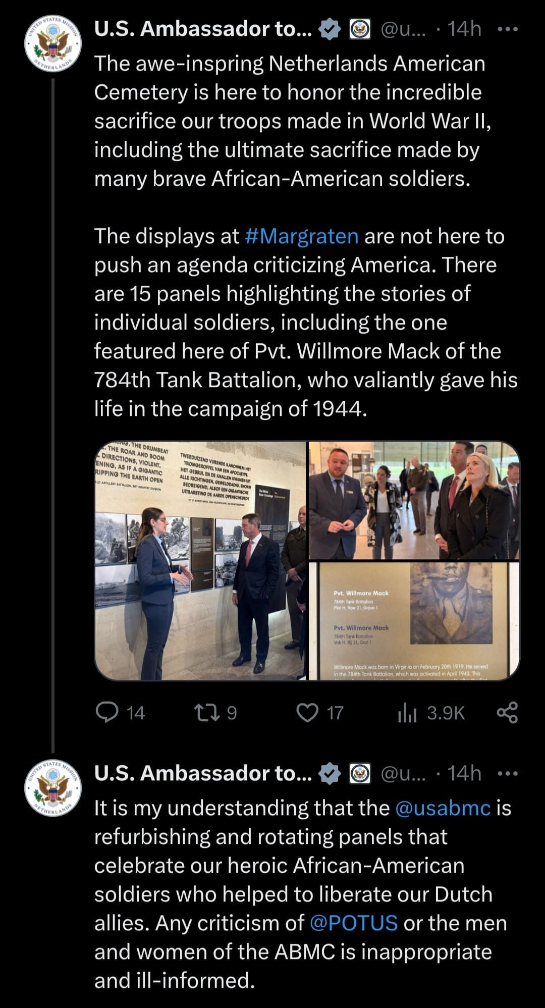 The response from the US Ambassador about the situation at the Netherlands American Cemetery and Memorial, also known as the Margraten Cemtery, where to panels or memorials regarding Black American soldeirs have been removed.